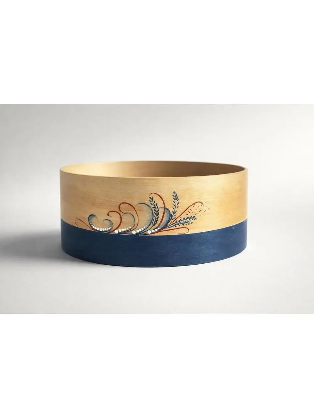 Hand-Painted Wooden Round Box with Blue and Natural Finish